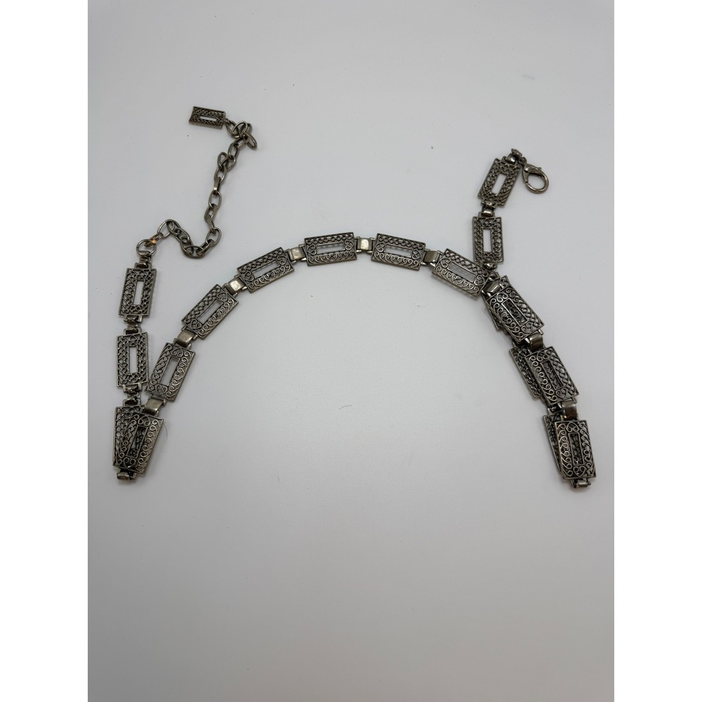 Vintage Silver Tone Filigree Panel Chain Belt Adjustable Boho Gothic 48 Inch